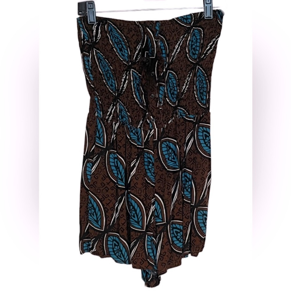 Smocked Brown and Blue Leaf Print Romper pull on fringe button front design